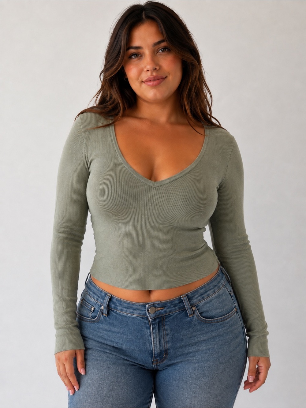 Forever 21 Olive Ribbed V-Neck Long Sleeve Top